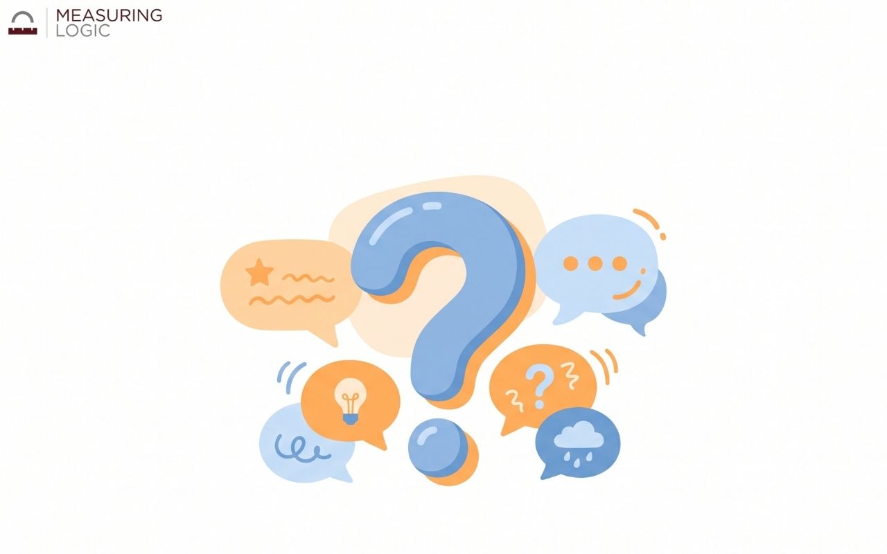 A minimalist, pastel-colored vector illustration featuring a large, dimensional blue question mark centered on a white background. It is surrounded by a cluster of thought bubbles containing various icons such as a star, dots, a lightbulb, a rain cloud, and smaller question marks, symbolizing the different aspects of a question or brainstorming session.