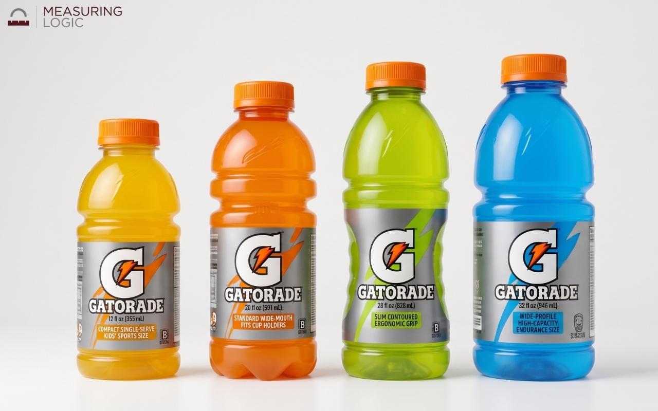Four Gatorade bottles sizes in yellow, orange, green, and blue standing side by side from smallest to largest on a white background, labeled 12 fl oz, 20 fl oz, 28 fl oz, and 32 fl oz.