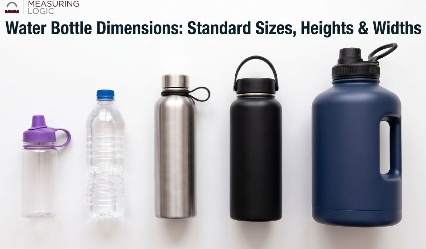 Five water bottles of various styles lined up on a plain white background