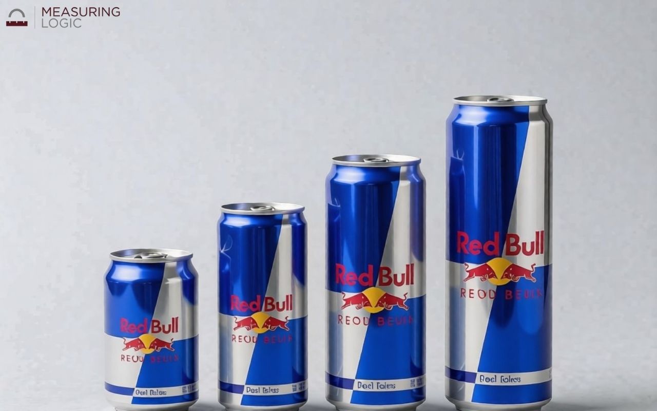 Red Bull can dimensions shown across small, medium, large, and extra-large sizes