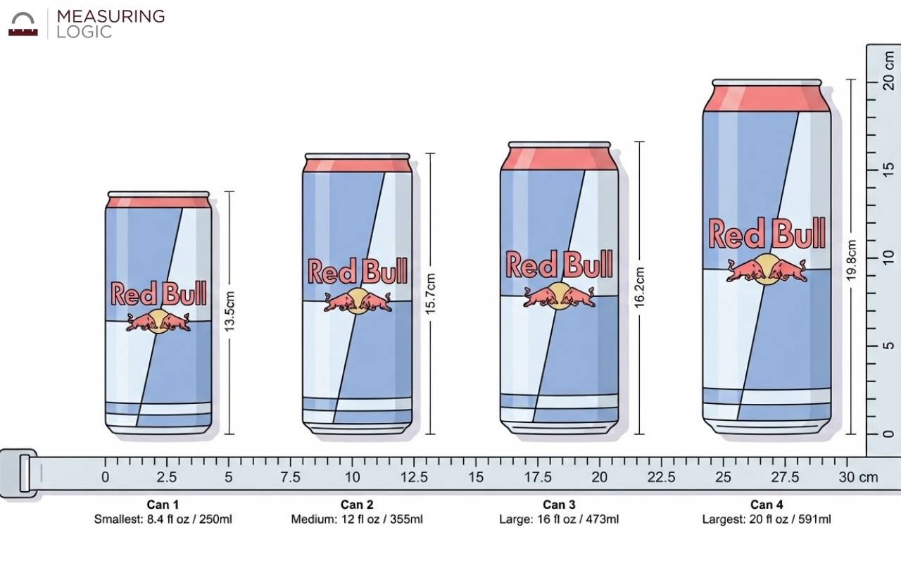 Red Bull can dimensions compared across all four sizes with height in cm