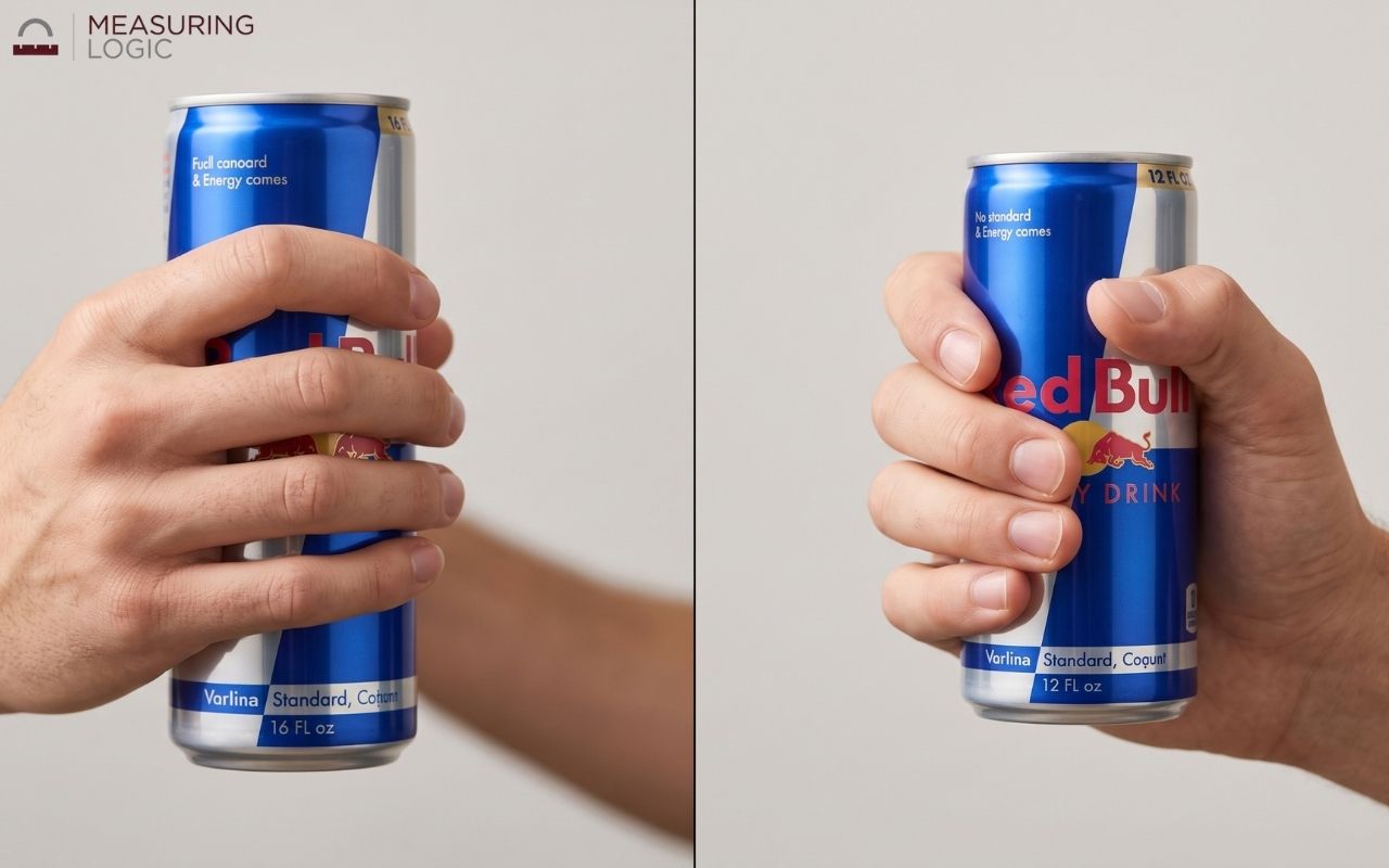 Hand grip comparison showing Red Bull can dimensions for 12 oz and 16 oz sizes