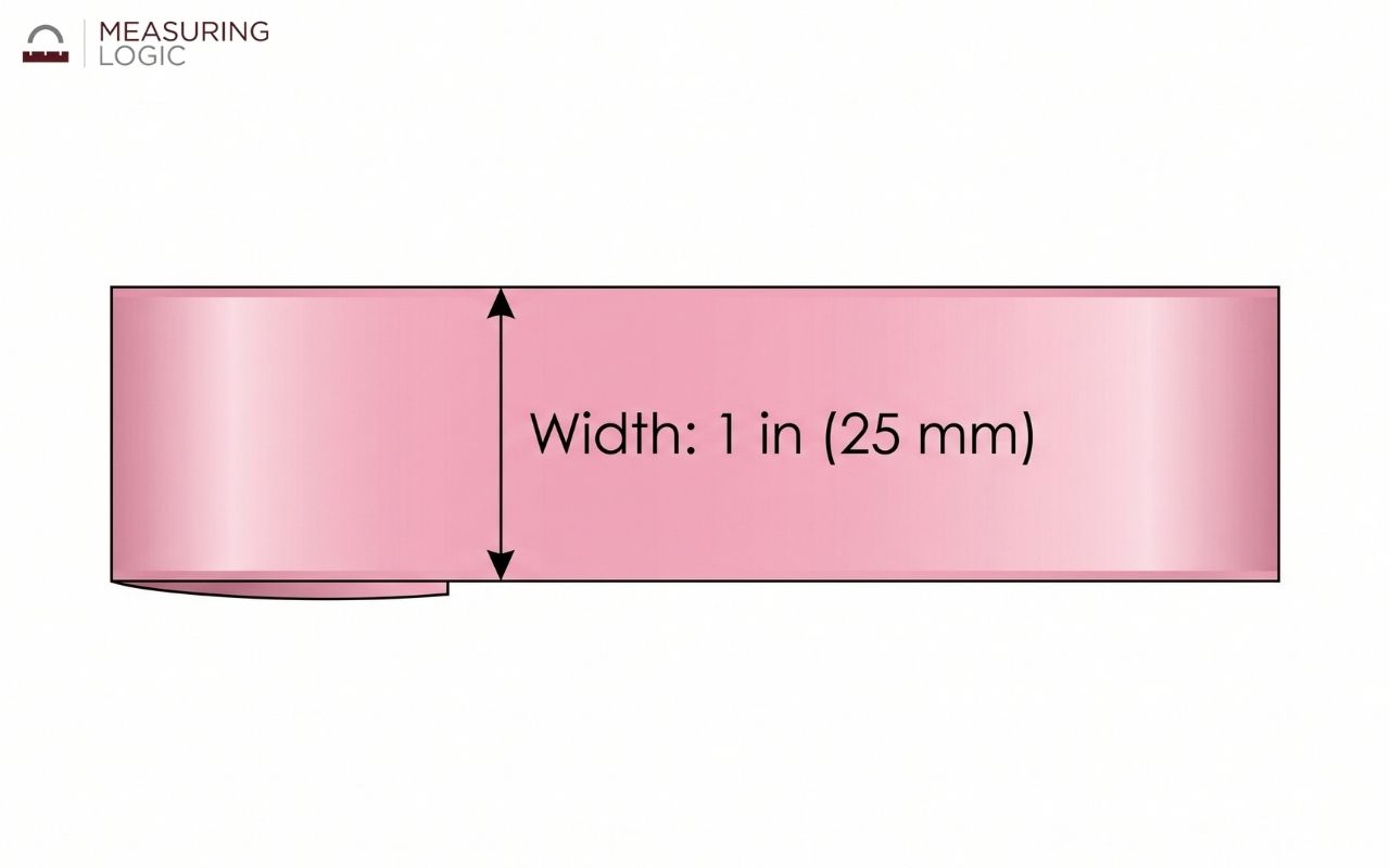 Pink satin ribbon labeled with a width of 1 inch (25 mm)