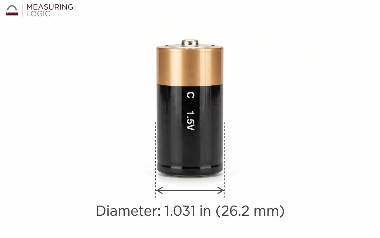 C battery with a diameter of 1.031 inches (26.2 mm), just over 1 inch