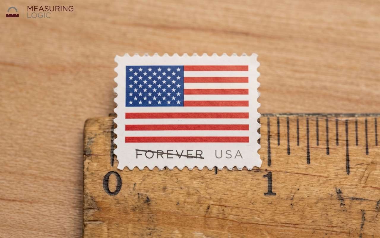 US Forever stamp next to a ruler