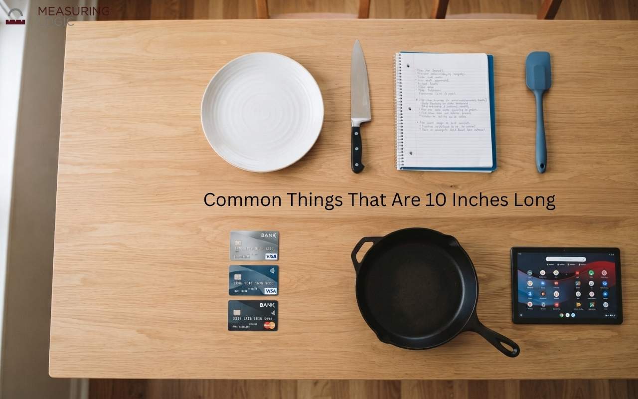 Top-down flat lay photograph of everyday items measuring 10 inches, arranged on a clean, light oak wooden table
