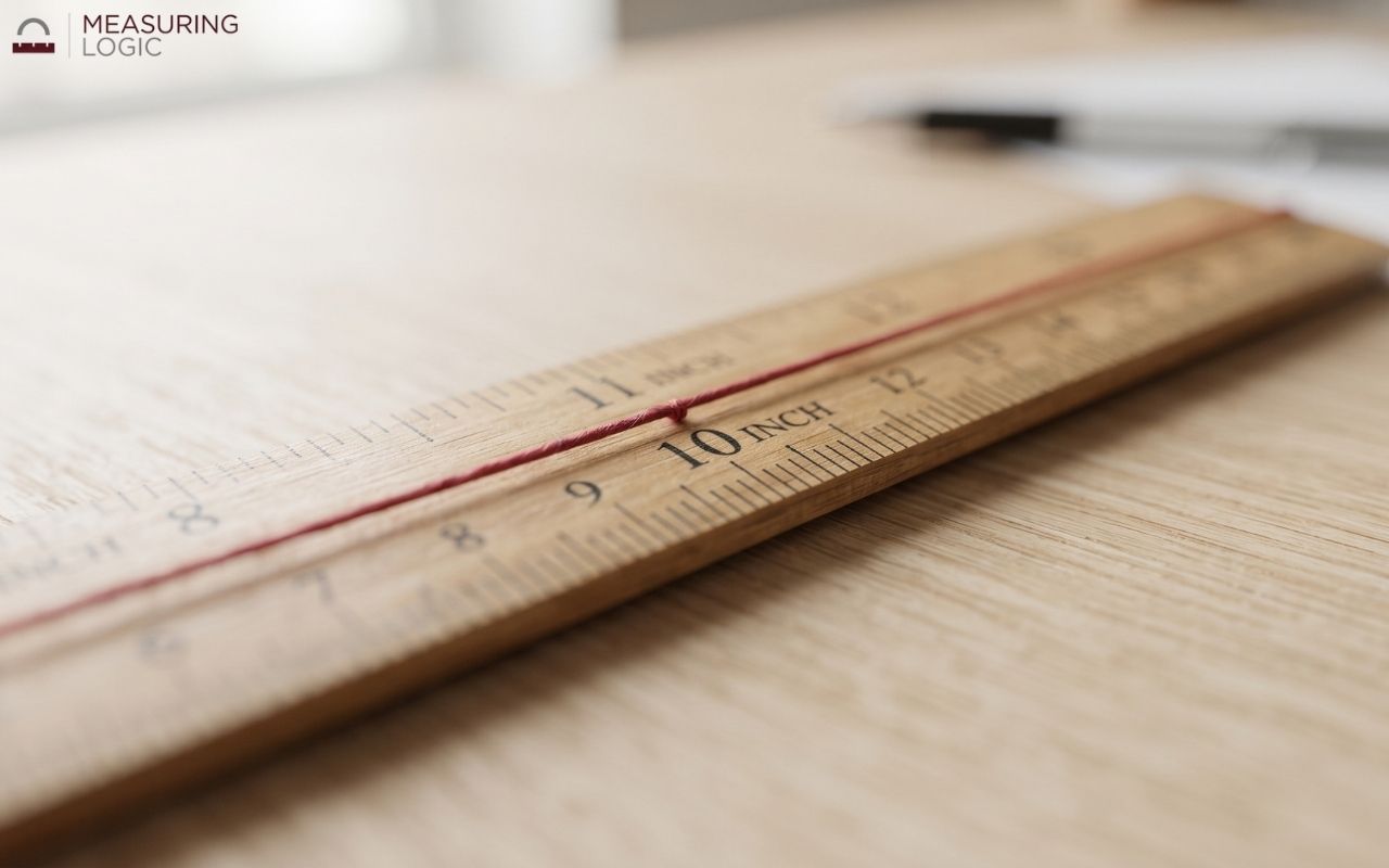 Ruler with a string marking 10 inches.