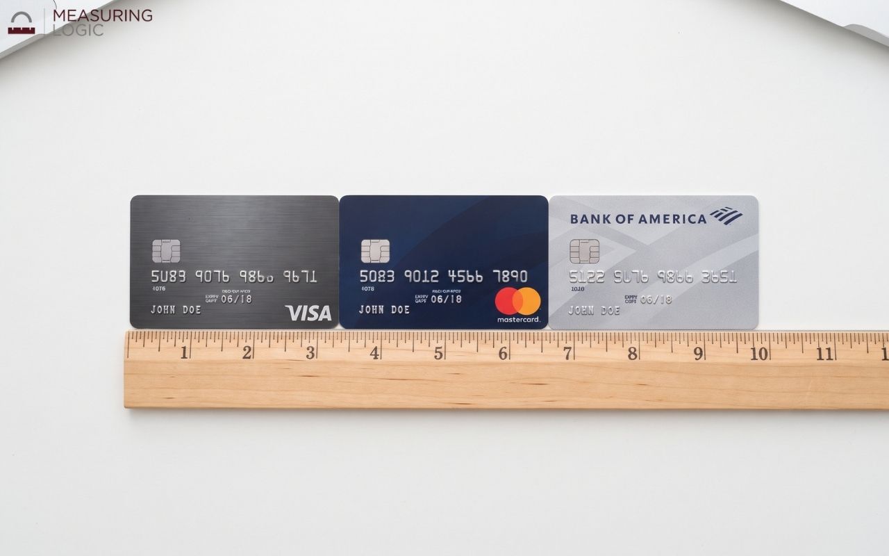 Three credit cards laid end-to-end measuring about 10 inches.