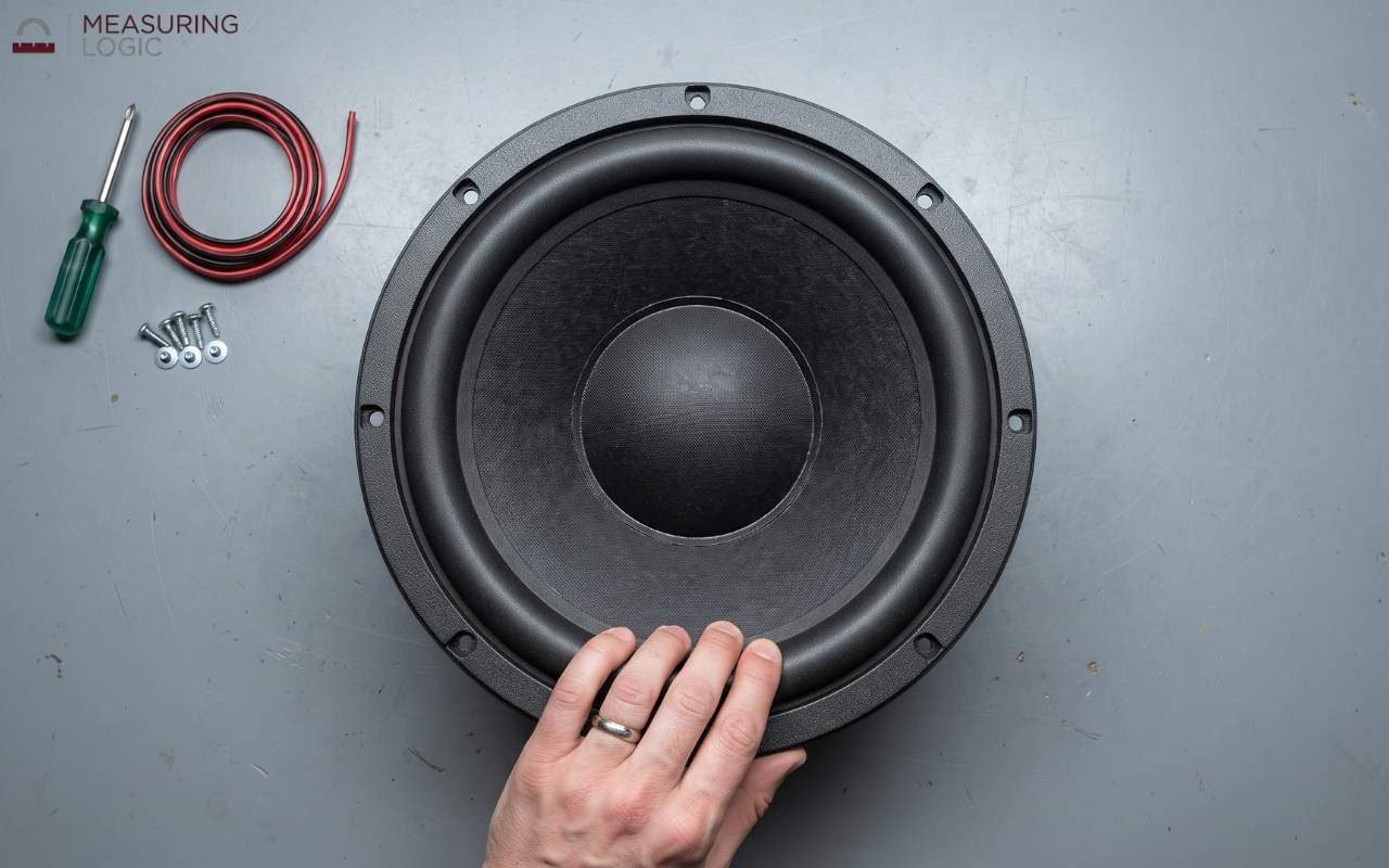 A 10-inch audio subwoofer speaker on a gray workbench alongside a screwdriver