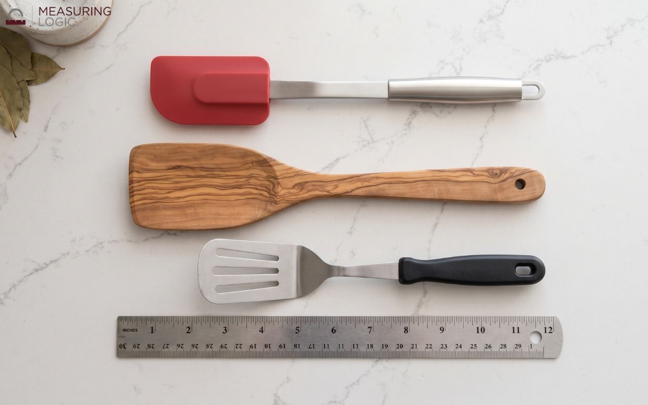 Three kitchen spatulas compared with a ruler.