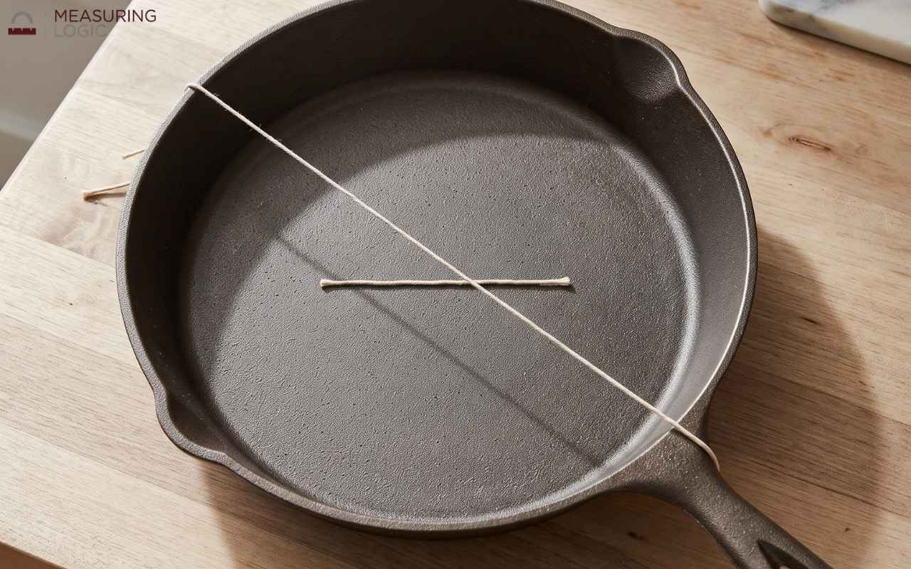 A cast iron skillet on a wooden surface with a piece of string stretched across its diameter