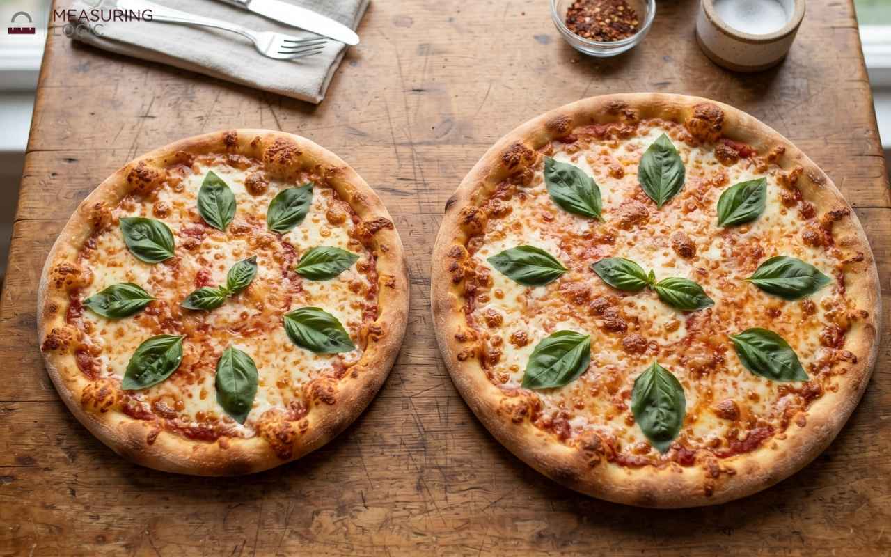 Two freshly baked pizzas topped with melted cheese and fresh basil leaves resting side-by-side on a rustic wooden table.
