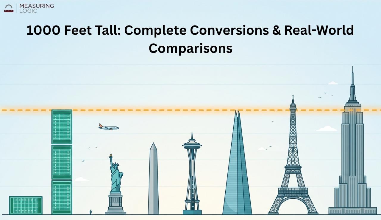 A flat vector infographic comparing a 1000-foot dashed line to famous landmarks, showing three vertically stacked football fields and London's Shard reaching exactly 1000 feet, while the Eiffel Tower and Empire State Building extend above it.