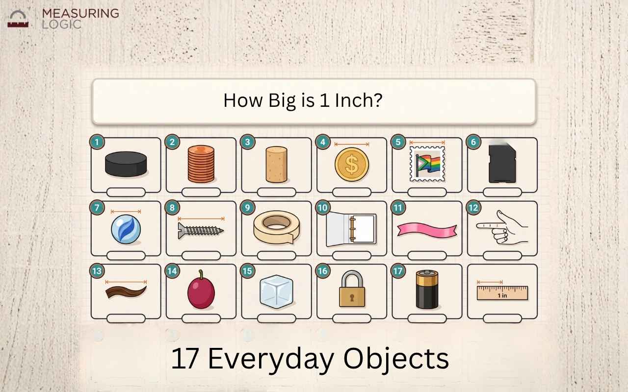 An infographic titled "How Big is 1 Inch?" showing a grid of 17 everyday items used to visualize a 1-inch measurement.