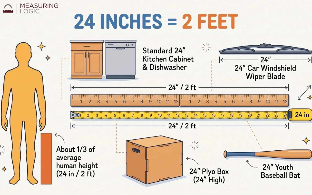 An educational flat-lay infographic illustrating what 24 inches or 2 feet looks like compared to everyday objects, featuring two connected 12-inch wooden rulers, a standard kitchen cabinet, a 24-inch car windshield wiper blade, a youth baseball bat, a 24-inch plyo box, and a human silhouette.