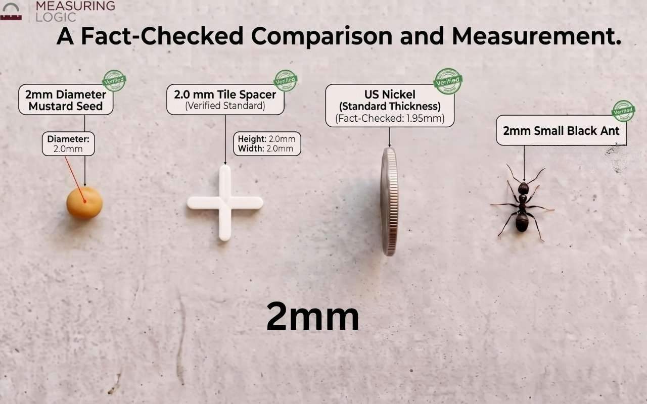 A visual comparison of a 2mm measurement featuring a 2mm mustard seed, a 2mm tile spacer, the 1.95mm edge of a US nickel, and a 2mm small black ant side-by-side.