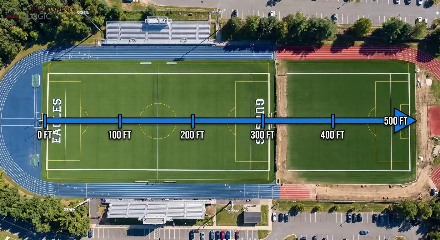 An aerial view of american football fields overlaid with a blue graphic arrow measuring a distance from 0 to 500 feet.