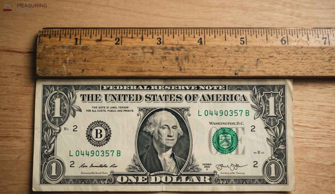 Top-down photo of a US one-dollar bill laid flat along a wooden ruler.
