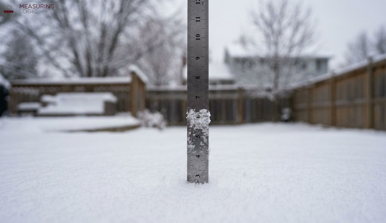 A metal ruler pushed vertically into deep fresh snow in a backyard