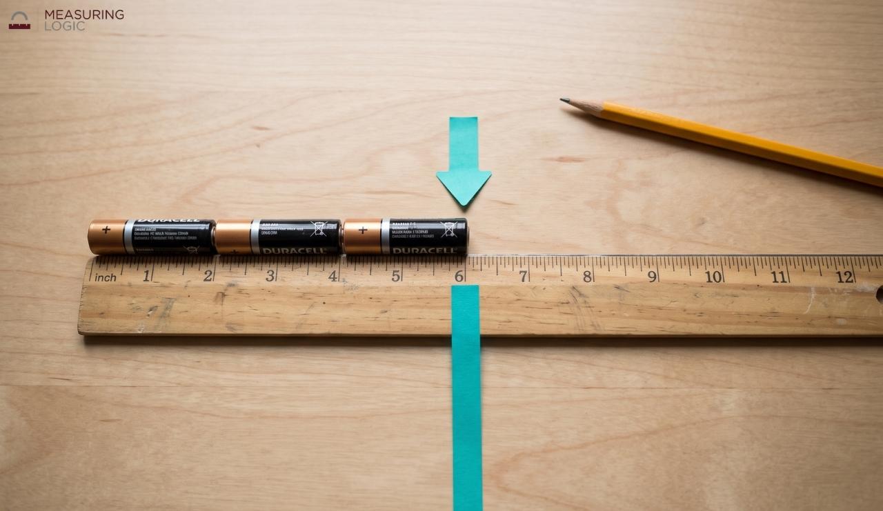 Three AA batteries placed end to end in a straight line next to a ruler ending at the 6-inch mark on a clean desk