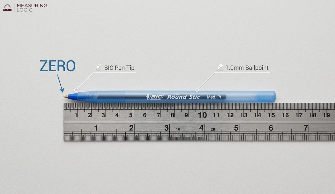 Blue BIC ballpoint pen aligned along a metal ruler.