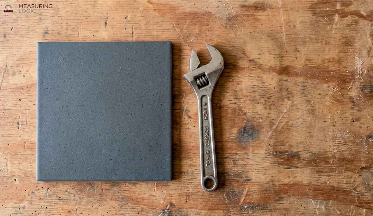 An overhead photo of a dark gray 6x6 ceramic tile sitting flat on a worn wooden workbench, with a 6-inch forged steel adjustable wrench placed vertically to its right.