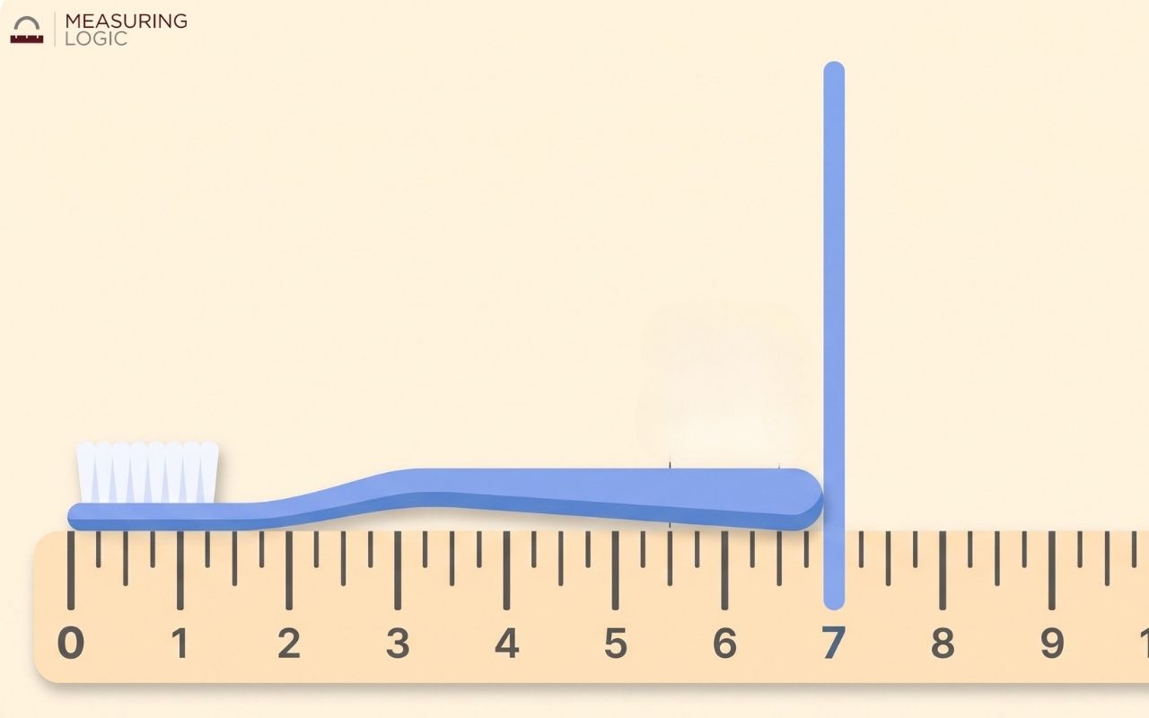 A blue toothbrush placed directly over a ruler, with a vertical blue line marking its length at precisely 7 inches.