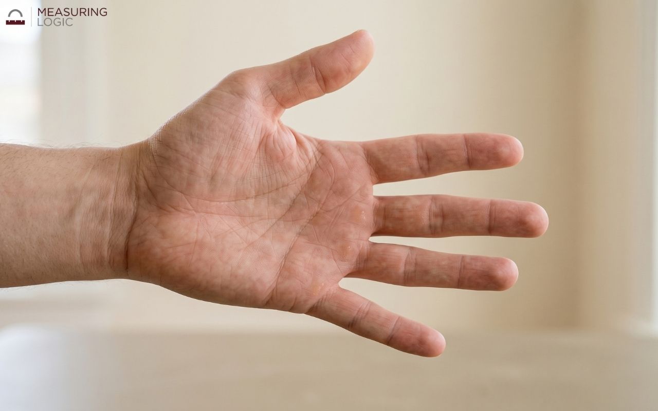 An open adult human hand with outstretched fingers, visualizing how a hand can be used to estimate 7 inches.