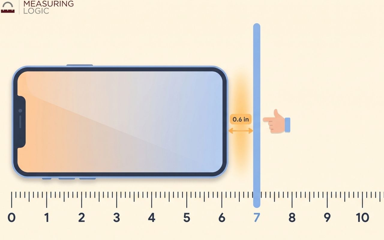 An illustration of a smartphone aligned with a ruler, indicating it is just a fraction under 7 inches long