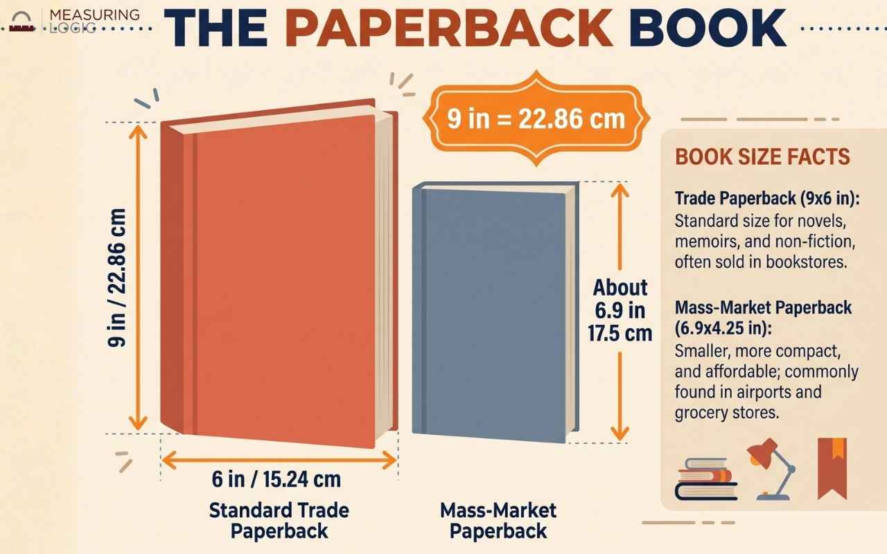 An infographic comparing a 9x6 inch standard trade paperback book to a smaller 6.9-inch mass-market paperback.