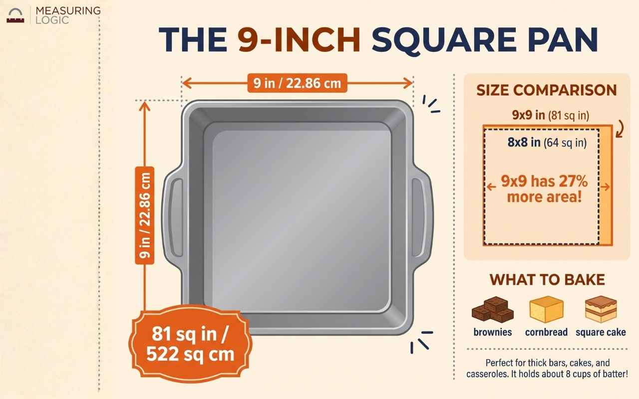 An infographic of a 9-inch square pan showing its dimensions and comparing its 81 square inch area to an 8x8 pan, noting it has 27% more area.
