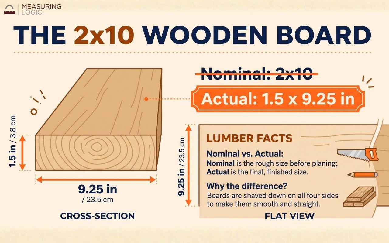 An infographic of a wooden board comparing its nominal 2x10 size to its actual finished dimensions of 1.5 by 9.25 inches.
