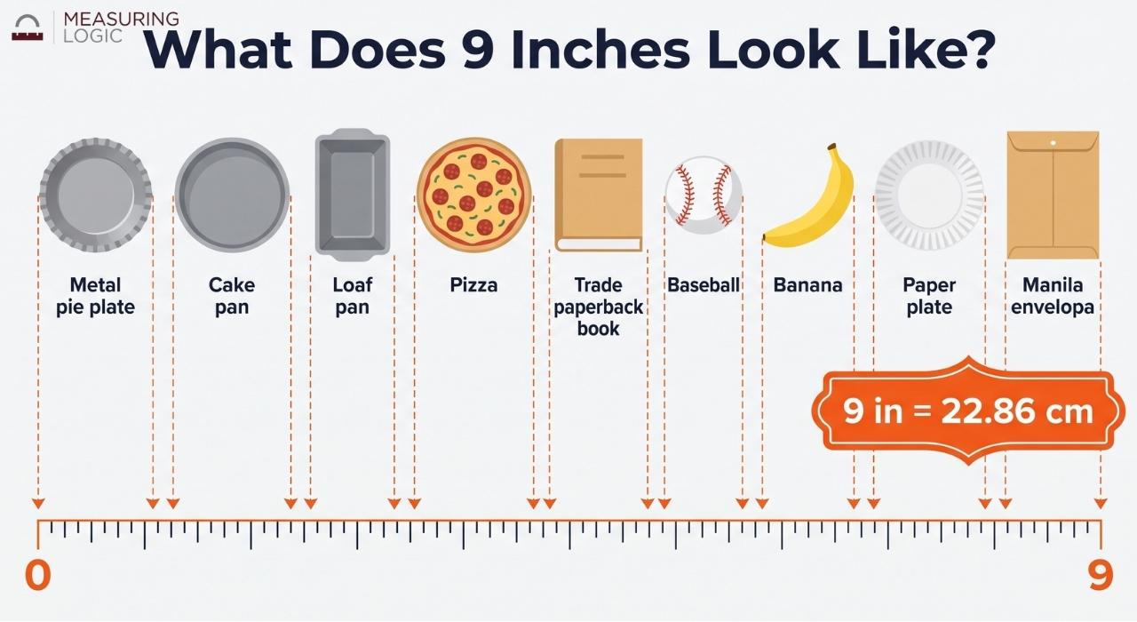 A wide infographic showing nine common 9-inch objects (pie plate, cake pan, loaf pan, small pizza, paperback book, baseball, banana, paper plate, and manila envelope) aligned above a ruler.