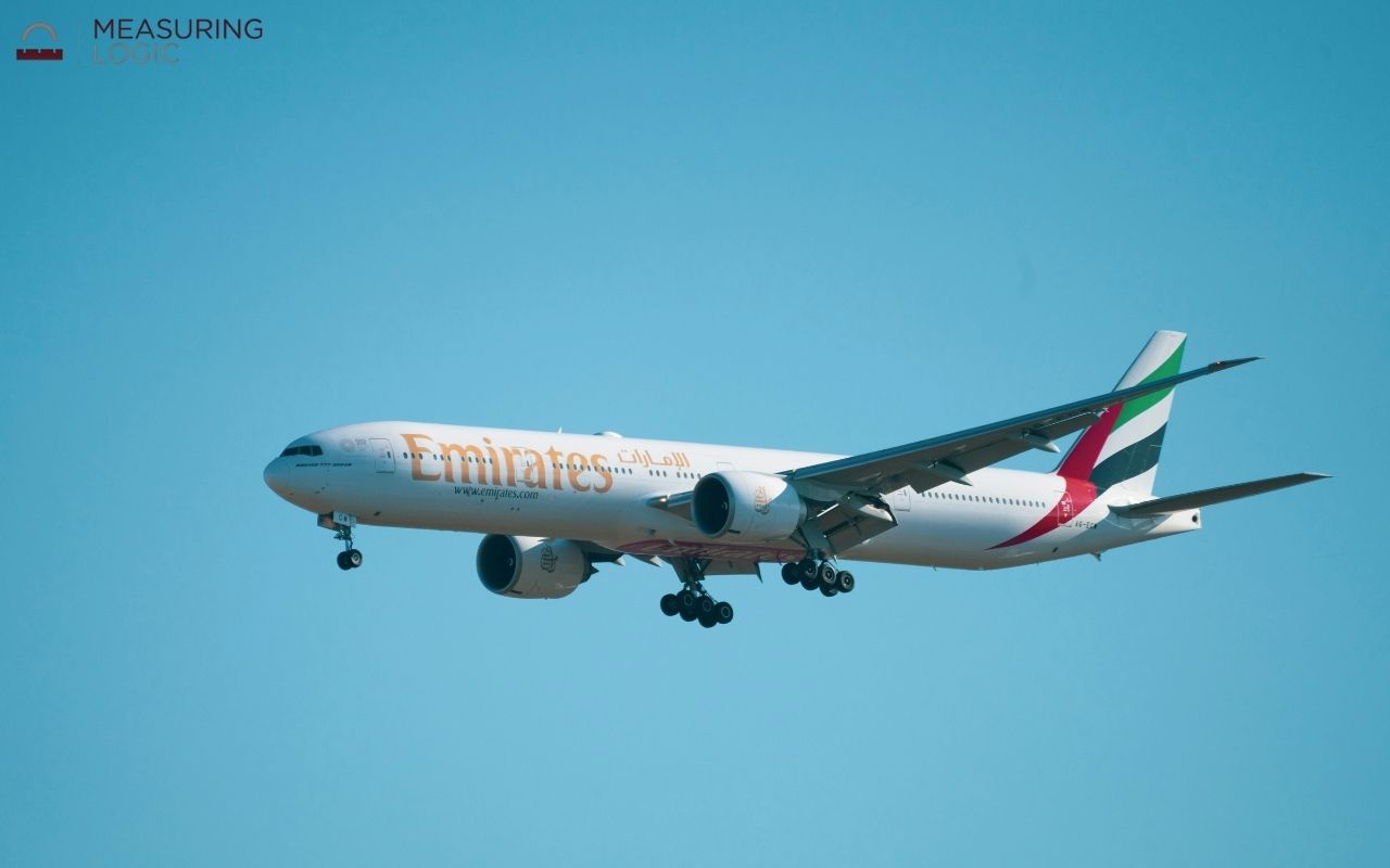 Boeing 777-300 flying in a clear blue sky