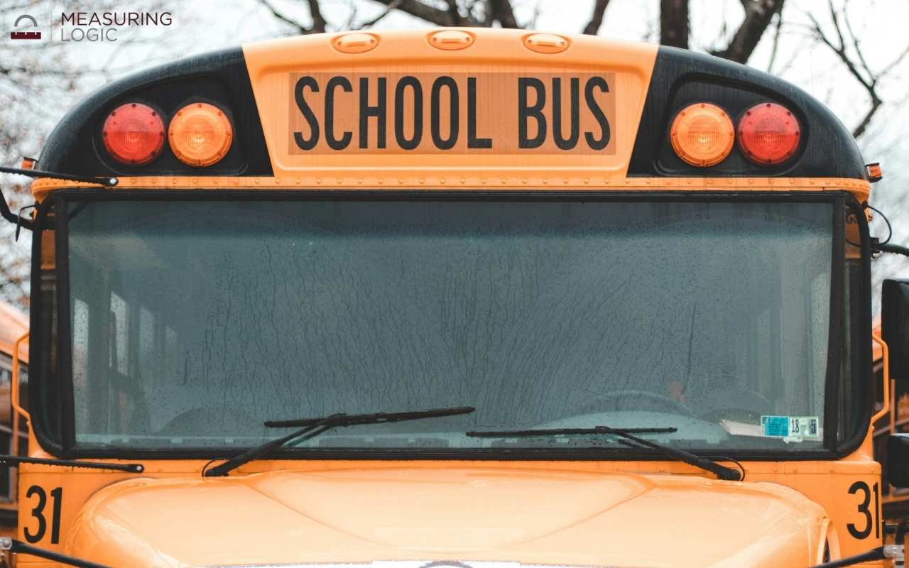 Front close-up view of an orange school bus, which measures around 40 feet in length