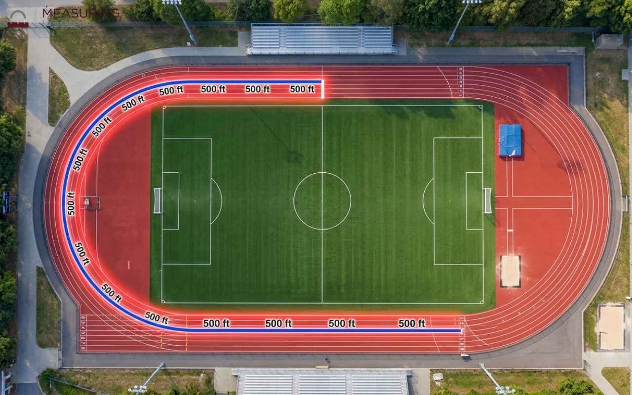 Aerial view of a running track surrounding a soccer field, showing multiple 500 feet segment