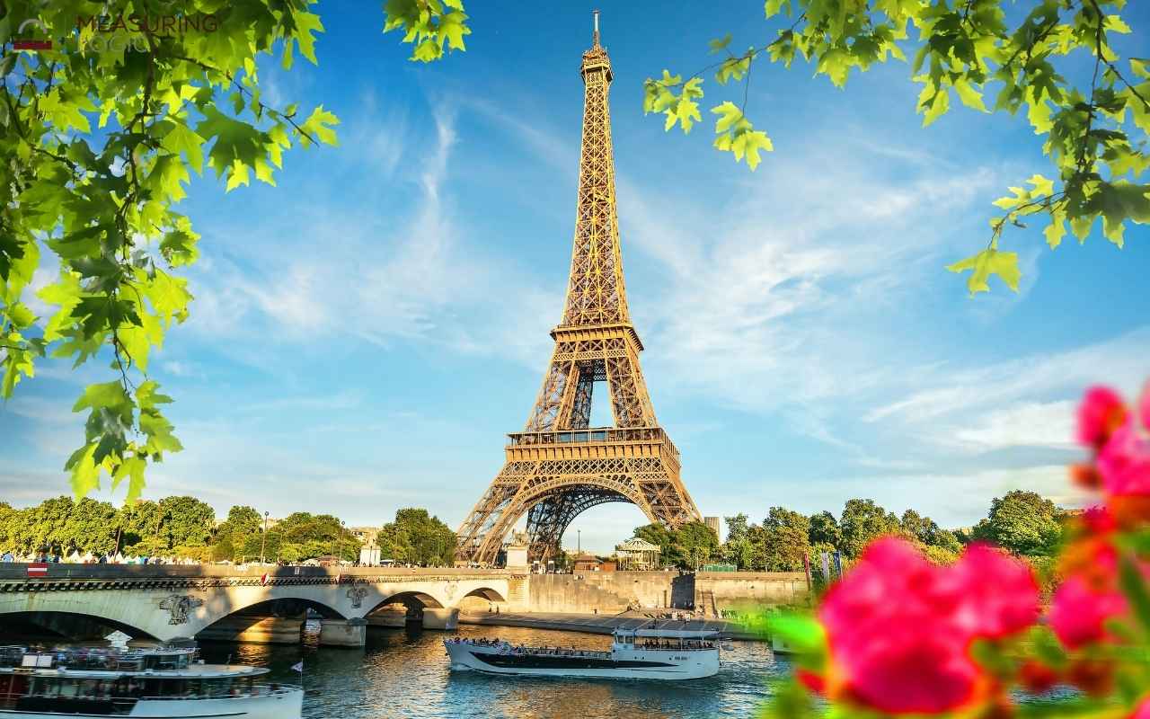 Eiffel Tower framed by green leaves